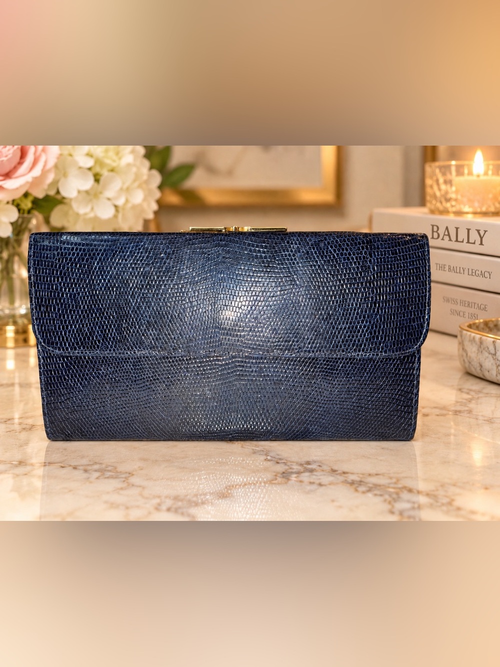 Bally Genuine Lizard Navy Long Wallet Gold Frame | Made in Italy| Vintage